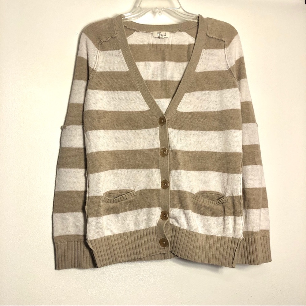 Fossil Stripe Cardigan Sweater 100% Cotton, White Tan, Women’s Small